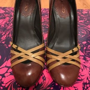 Aldo Brown Heels - 37 - with Mustard Yellow Straps